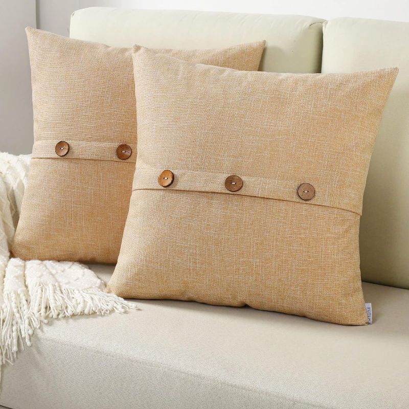 Photo 1 of Sand Linen Decorative Throw Pillow Covers 24x24 Inch Set of 2, Euro Square Cushion Case with Vintage Button/Zipper,Modern Farmhouse Home Decor for Couch,Bed
