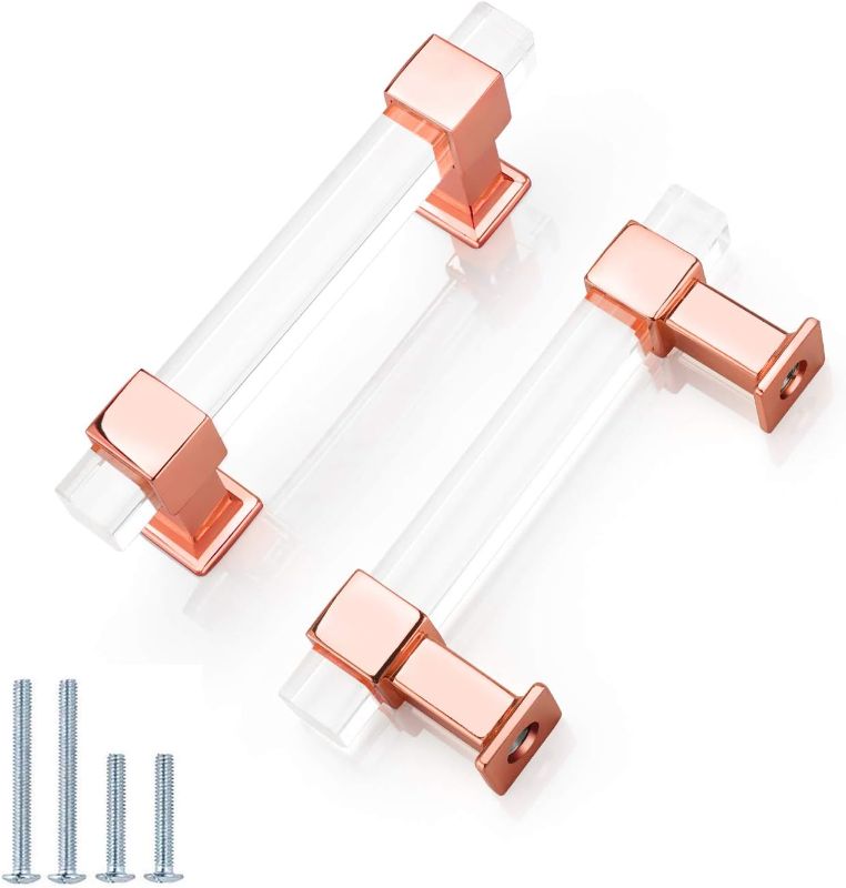 Photo 1 of NIZADO 10 Pack| 4'' Clear Acrylic Drawer Handles Square Crystal Cabinet Pulls, Polished Rose Gold Dresser Cabinet Knobs Modern T Bar Kitchen Hardware, Hole Centers: 4”(102mm) 