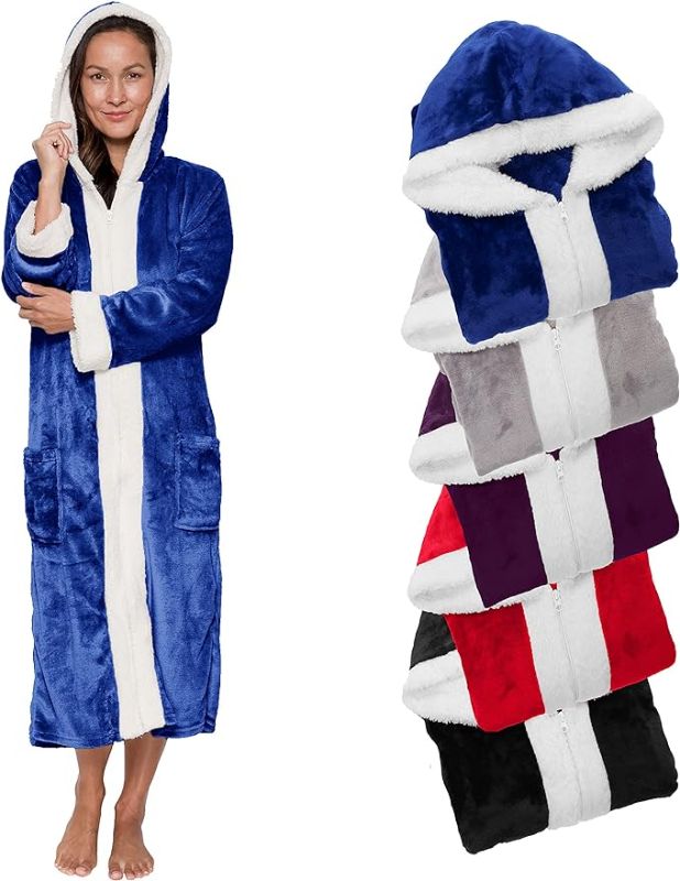 Photo 1 of SMALL/ MEDIUM-Womens Zip Front Fleece Bath Robe, Sherpa Hooded Bathrobe, Great Mothers Day Gift for Mom, Grandma, Daughter, Sister, Wife 