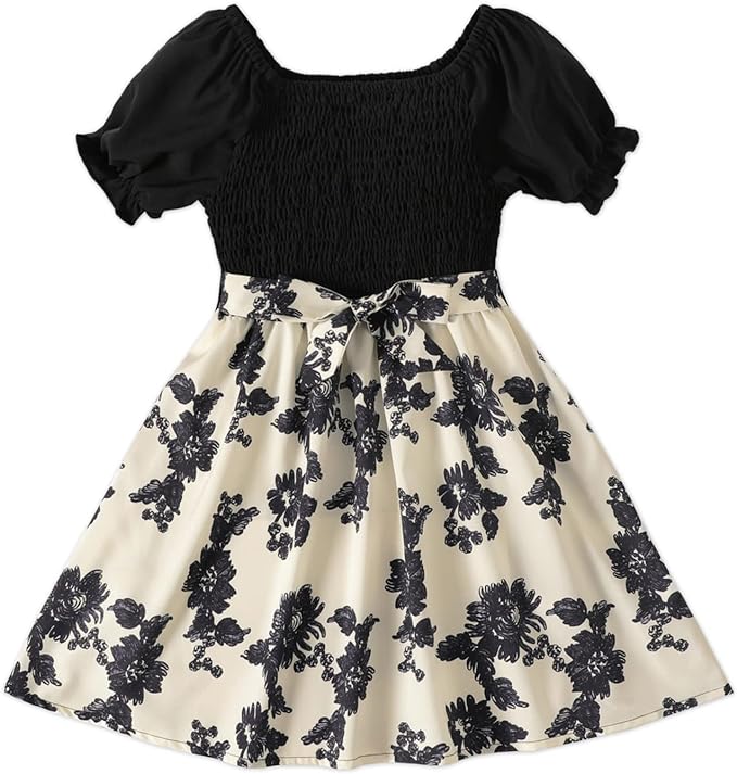 Photo 1 of PATPAT Girls Floral Dress Flutter Sleeve Floral Printed Belted Casual Swing Dresses 8-9 YEARS