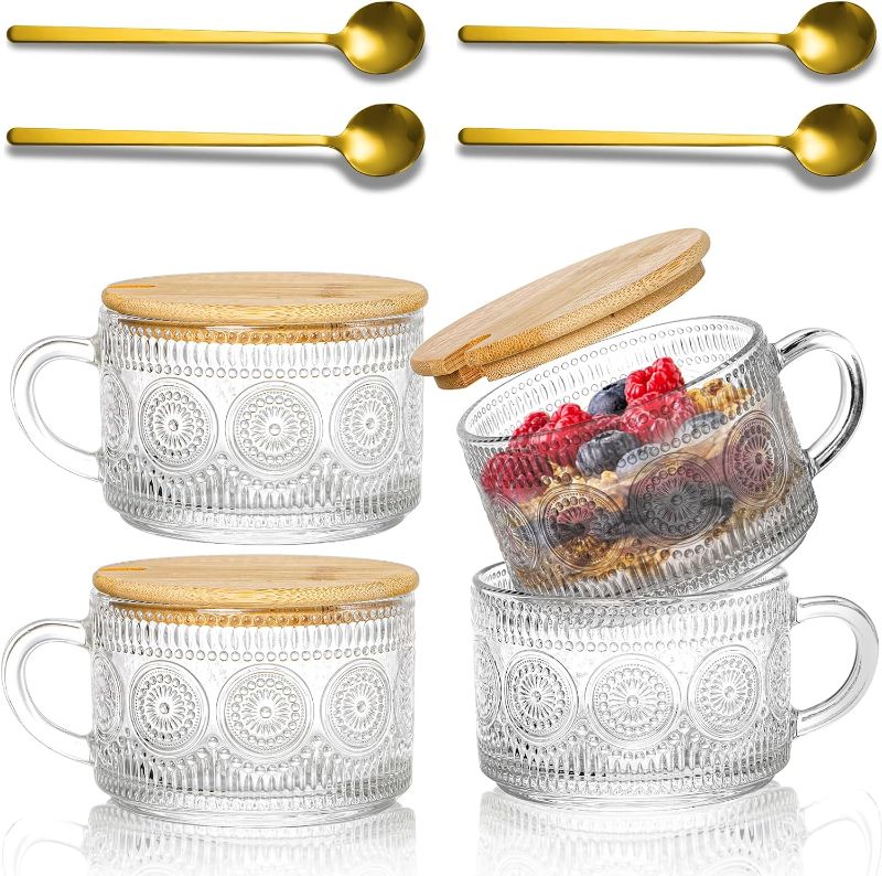 Photo 1 of 4 Pack Vintage Glass Coffee Mugs, 14 OZ Embossed Tea Cups with Bamboo Lids and Spoons, Clear Drinking Glassware with Handle, Breakfast Cup Overnight Oats Container for Latte Cereal Yogurt Milk
