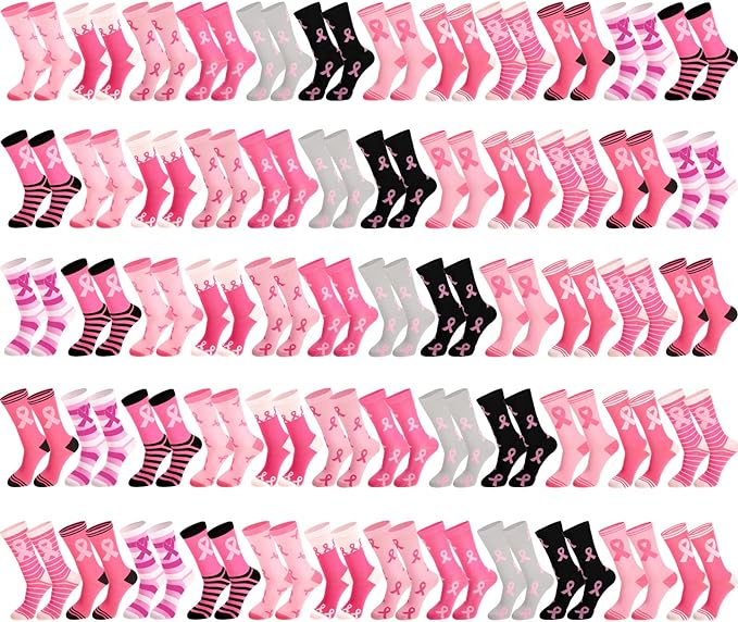Photo 1 of Hercicy 60 Pairs Pink Ribbon Crew Sock 12 Styles Breast Cancer Awareness Socks Bulk Women Gifts 