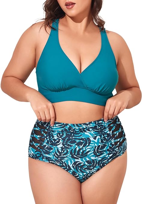 Photo 1 of 14 PLUS- Summer Mae Women Plus Size Bikini High Waist Tummy Control Swimsuit V Neck Two Piece Bathing Suits