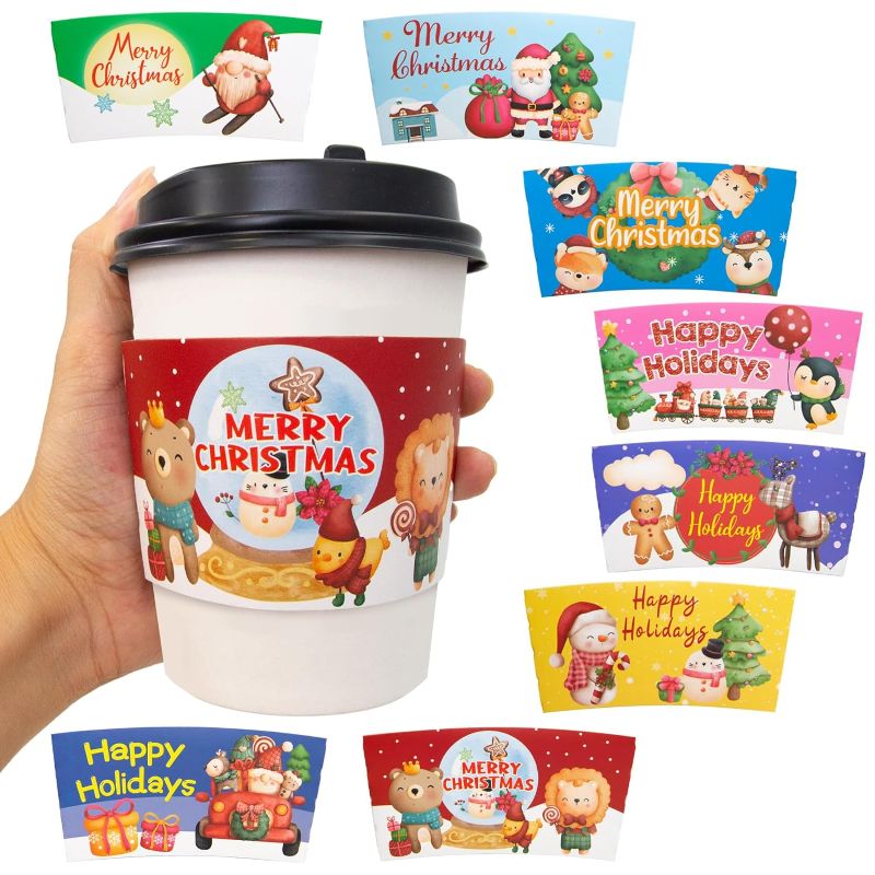 Photo 1 of Christmas Coffee Cup Sleeves 48 Pcs Disposable Christmas Coffee Sleeves Paper Cup Sleeves Hot Cocoa Christmas Holiday Supplies12 to 16 oz Adult Kids
