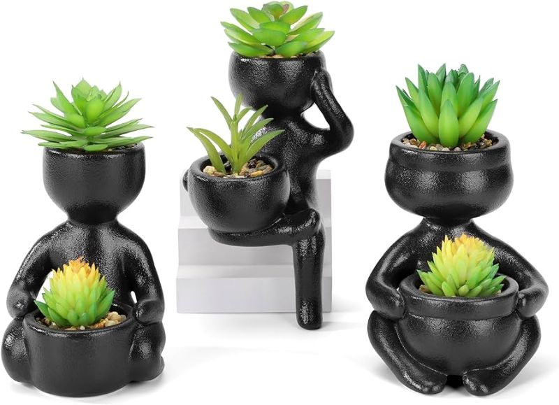 Photo 1 of DUZYXI Fake Succulents in Meditation Shape Black Ceramic pots, Cute Fake Plants Shape for Office Decor Bathroom Decor, Desk Plants Decoration Office Table Shelf, Indoor Decor Plant pots Set of 3