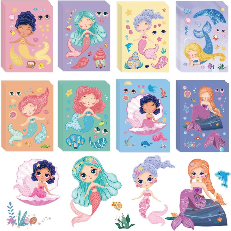 Photo 1 of Make A Mermaid Stickers 48Sheet Make-a-face Stickers DIY Make Your Own Mermaid Stickers for Kids Girls Birthday Party Game Supplies Cute Craft Creative Project Wall Room Decoration Stickers As Reward
