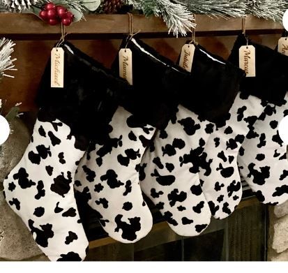 Photo 1 of Hoosige 12 Pcs 18" Cow Print Christmas Stockings Thick Plush Fabric Stockings Christmas Hanging Decorative Black White Print Christmas Decorations for Xmas Holiday Family Party Fireplace Ornaments
