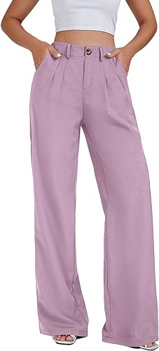 Photo 1 of MEDIUM, BLUE- LYANER Women's Casual Wide Leg High Waited Button Down Straight Long Trousers Palazzo Pants