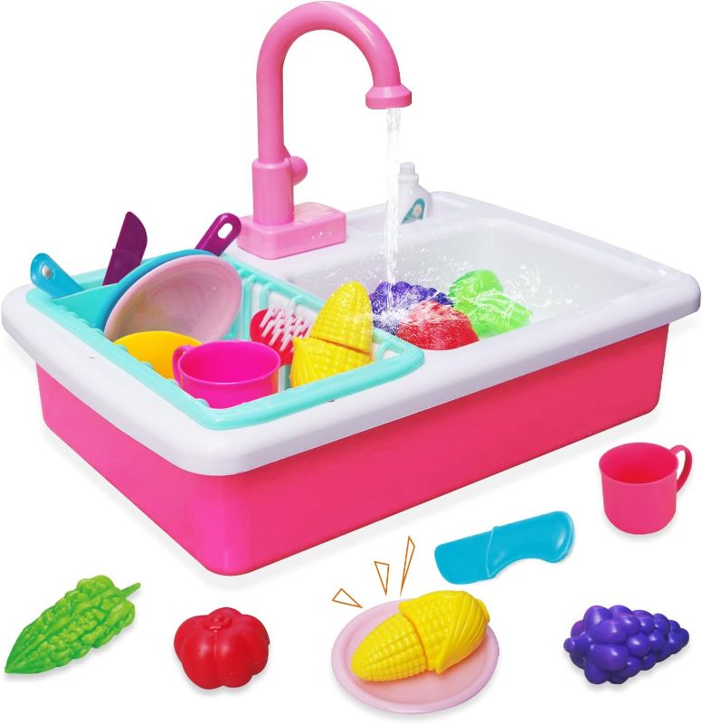 Photo 1 of Kids Play Kitchen Sink Toy Set, Children's Toy Set Accessories with Real Faucets Running Water, Pots and Pans, Fruit and Vegetable Cutting Game, Birthday Gift for Toddlers Boys Girls 