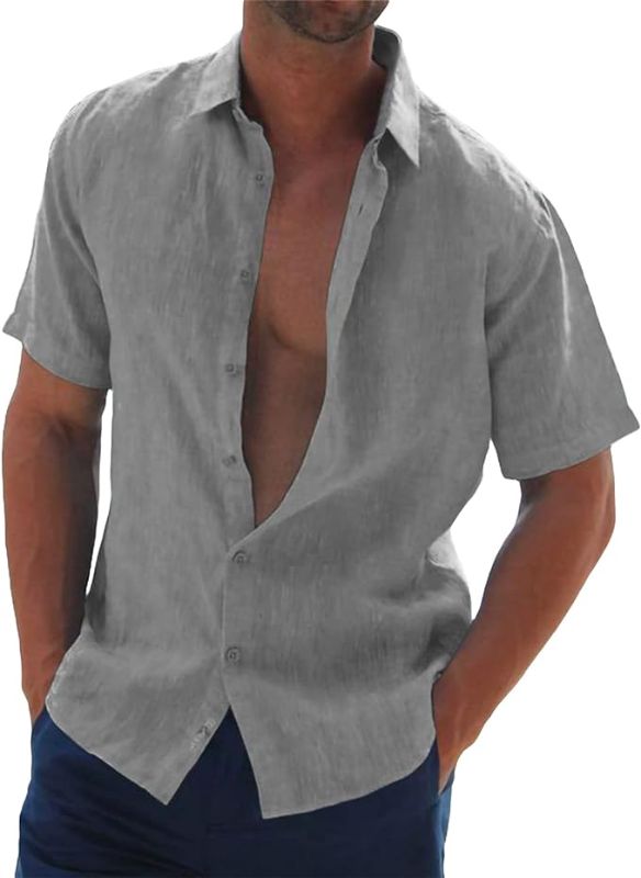 Photo 1 of Aulemen Mens Short Sleeve Button Down Shirts Linen Cotton Summer Beach Shirts Casual Shirt for Men XL
