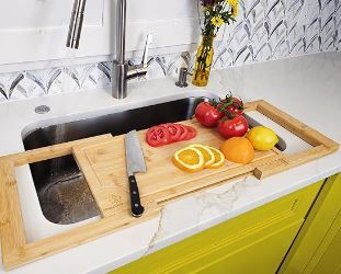 Photo 1 of [2024 UPGRADE] Kindled Ivys Expandable Bamboo Wooden Over The Sink Cutting Board - Extra Large XXL Expands Over Kitchen Sink to 33.5x11". Natural Bamboo, Serving Tray with Juice Groove