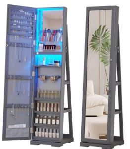 Photo 1 of Jewelry Armoire with Full Length Mirror, Lockable Mirror with Storage with 3 Color Lights, 360° Swivel Jewelry Cabinet for Birthday Gift (Classic Grey)