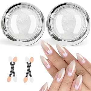 Photo 1 of BISHENGYF Pearl Chrome Nail Powder:?Super Mirror Effect?White Pearl Chrome Nail Powder Ice Transparent Aurora Chrome Nail Powder for Nails Art DIY