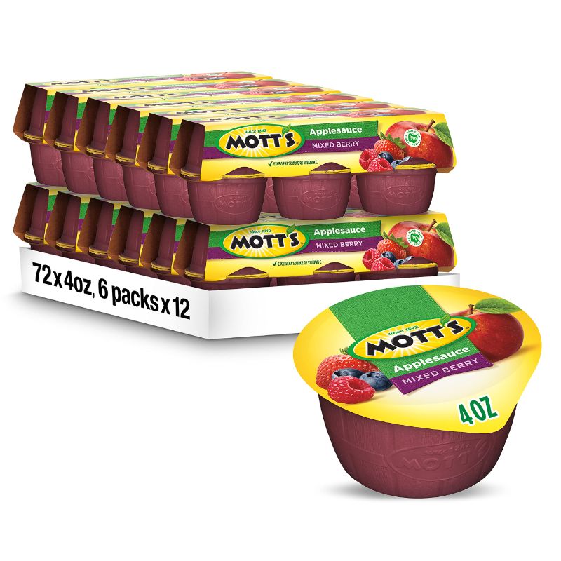 Photo 1 of Mott's Mixed Berry Applesauce, 4 Oz Cups, 72 Count (12 Packs Of 6), No Artificial Flavors, Good Source Of Vitamin C, Nutritious Option For The Whole Family Mixed Berry 4 Ounce 
BEST BY: 07/7/2024