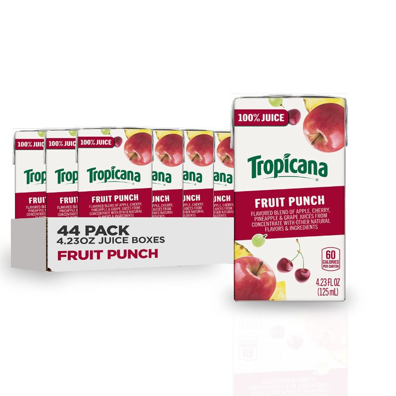 Photo 1 of Tropicana 100% Juice Box, Fruit Punch, 4.23oz (Pack of 44) - Real Fruit Juices, Vitamin C Rich, No Added Sugars, No Artificial Flavors
BEST BY: 08/14/2024