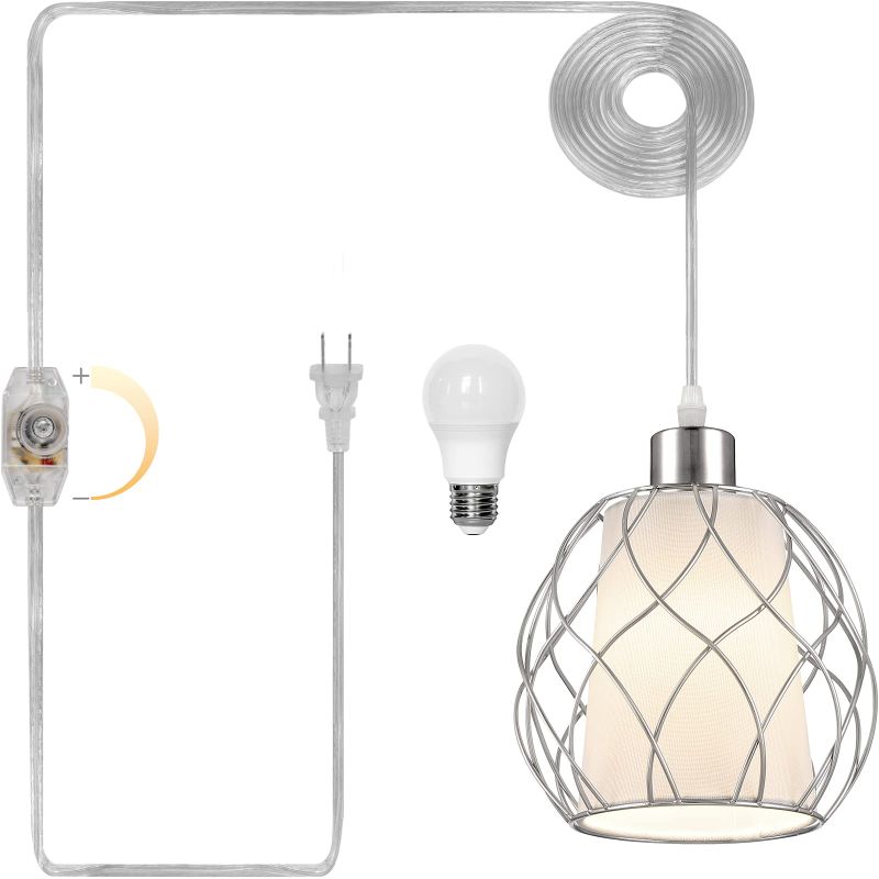Photo 1 of Cinkeda Hanging Lights with Plug in Cord,Hanging Lamps That Plug into Wall Outlet with Dimmable Switch and 15 ft Clear Cord, Swag Lamp for Bedroom Kitchen Island Living Room (Bulb Included) Silver