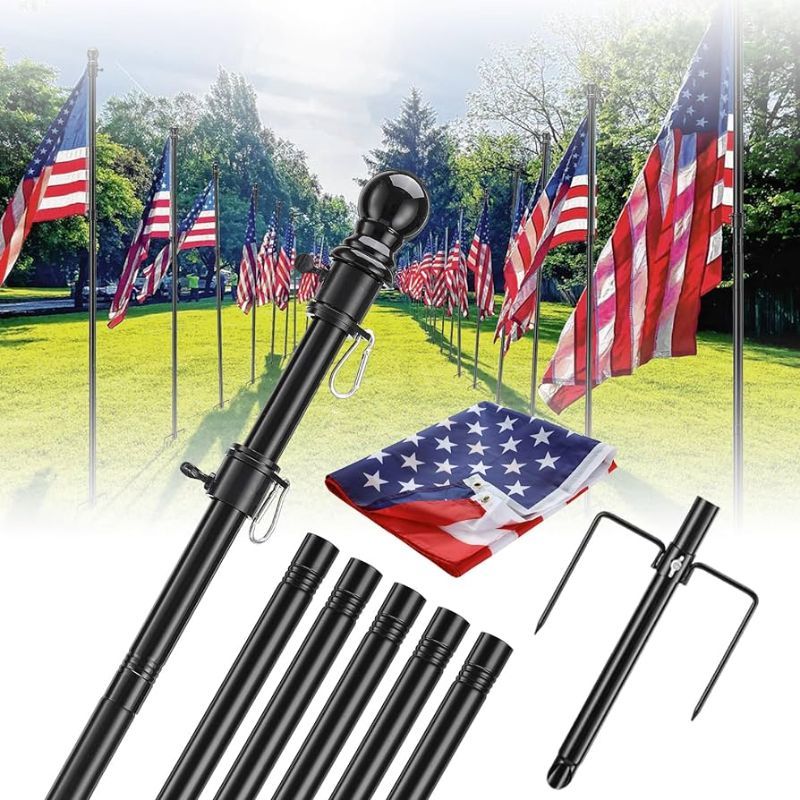 Photo 1 of 8 FT Stainless Steel Tangle Free Flag Pole in Ground with 5 Pronges Base, Flag Poles for American Flag Outside House Residential or Commercial Flag Poles Kit(Black, Without Flag)