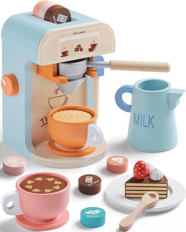 Photo 1 of Tiny Land Kids Coffee Maker Wooden Kitchen Toys - 17Pcs Toy Coffee Maker Playset - Wooden Play Toys, Play Kitchen Accessories for Girls & Boys

