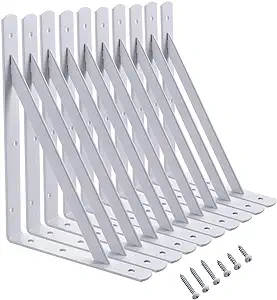 Photo 1 of HOME MASTER HARDWARE 12 x 8 inch Heavy Duty Shelf Brackets, Load Capacity: 600lb, 10-Pack White Metal L Supports for Wall Mounted Wood Shelving, Shelves Bracket with Screws 