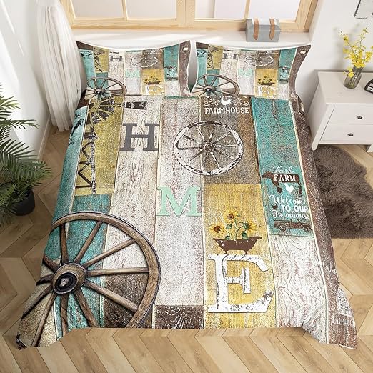 Photo 1 of Rustic Farmhouse Cabin Bedding Set Retro Western Barn Wheel Windmill Comforter Cover King,Farm Animal Sunflower Lodge Duvet Cover,Pastoral Country Planks Quilt Cover Yellow Teal Brown 3 Pcs