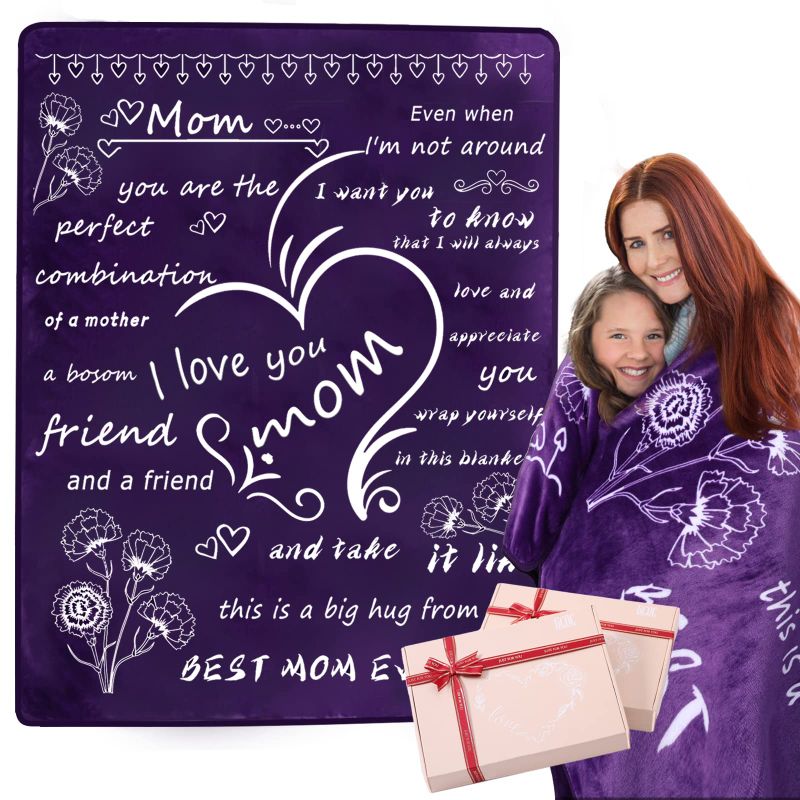 Photo 1 of Gifts for Mom from Daughter Son, I Love You Mom Blanket Birthday Gifts for Mothers Soft Cozy Warmer Fuzzy Bed Throw Blanket 50"x65" 1 Purple