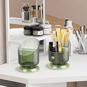 Photo 1 of UOIXPUHUO 2 Pcs Makeup Brush Holder Organizer for Vanity, Acrylic Green Pen Pencil Holder Storage with 3 Slots for Desk, Green lipstick Holder Cosmetic Brush Display Case for Bathroom Dresser Office
