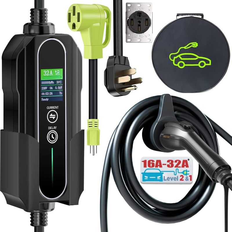 Photo 1 of MUETUX Level 2 & 1 EV Charger (10-32Amp, 110V-240V, 25ft Cable, SAE J1772), Home/Outdoor Portable Electric Vehicle with NEMA 14-50P/5-15P to 14-50R Adapter, Adjustable 32A/24/20/16/10Amp, Delay 1-12h
