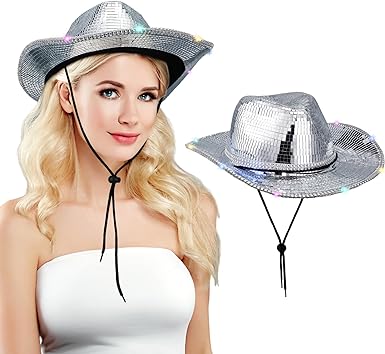 Photo 1 of Xtinmee LED Disco Cowboy Hat Women Light Cowgirl Hat Mirrored Cowboy Hat Neon Flashing Cowboy Hat Glitter Space Hat