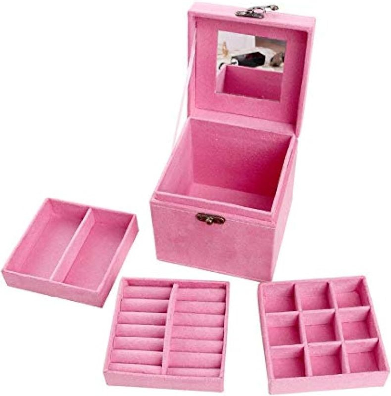 Photo 1 of 3-Layer lint Jewelry Box Organizer Display Storage case with Lock (Pink, 4.72" x 4.72" x 4.72")