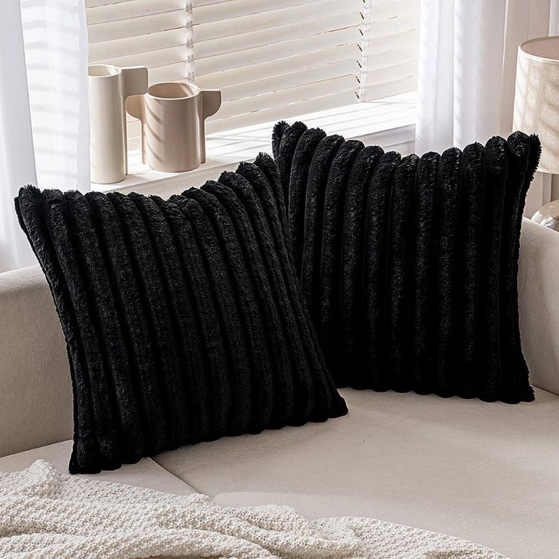 Photo 1 of MIULEE Black Throw Pillow Covers 20x20 Inch Set of 2 Fuzzy Striped Soft Pillowcase with Velvet Back Faux Rabbit Fur Cushion Covers Decorative Home Decor for Halloween Couch Sofa Bedroom Livingroom
