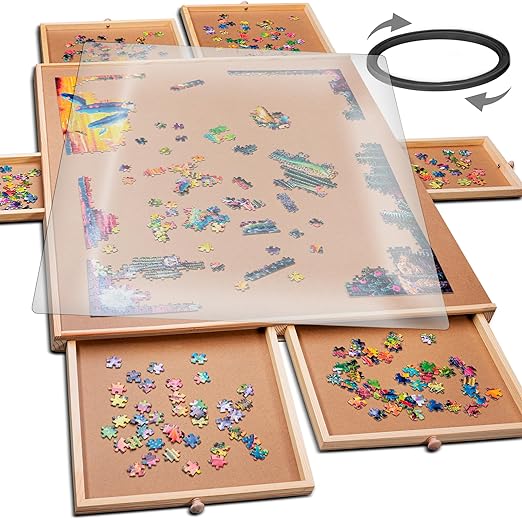 Photo 1 of PLAYVIBE Rotating Jigsaw Puzzle Board with Drawers 1500 Piece – Puzzle Table with Cover, 6 Drawers, 27" x 35" – Wooden Puzzle Organizer – Puzzle Accessories
