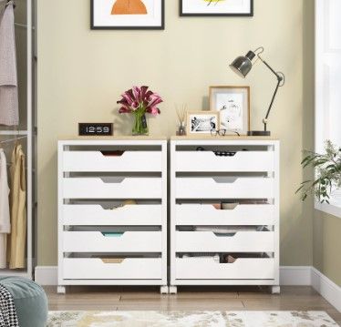 Photo 1 of Tribesigns 5 Drawer Chest, Wood Storage Dresser Cabinet with Wheels, Industrial Storage Drawer Organizer Cart for Office Bedroom Entryway (White, 1 PC)
