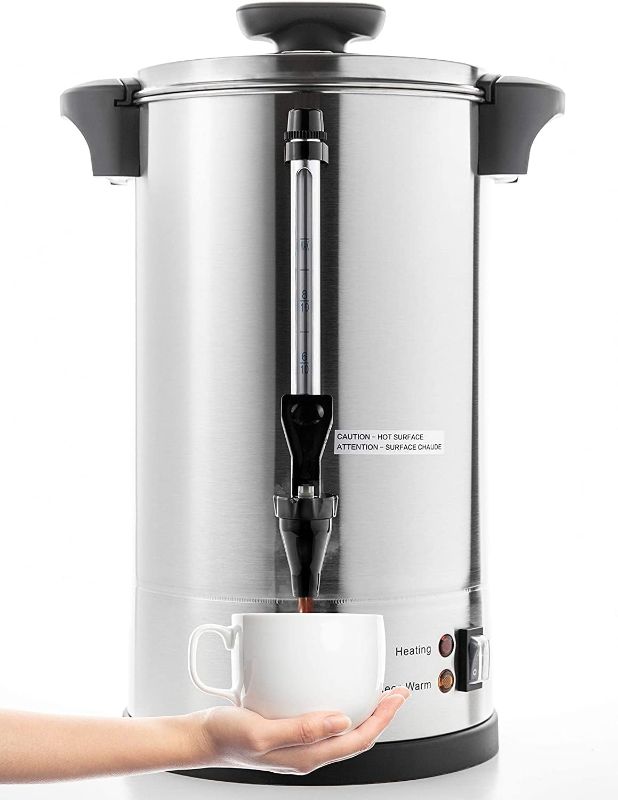 Photo 1 of SYBO SR-CP-100B Commercial Grade Stainless Steel Percolate Coffee Maker Hot Water Urn for Catering, 100-Cup 16 L, Metallic
