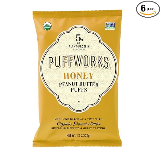 Photo 1 of Puffworks Honey Organic Peanut Butter Puffs, 1.2 Ounce (Pack of 3), Plant-Based Protein Snack, Gluten-Free, Dairy Free, Kosher EXP 7/7/24
