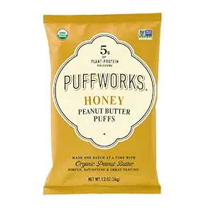 Photo 1 of Puffworks Honey Organic Peanut Butter Puffs, 1.2 Ounce (Pack of 3), Plant-Based Protein Snack, Gluten-Free, Dairy Free, Kosher EXP 7/7/2024
