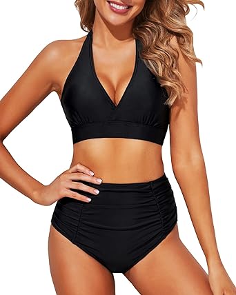 Photo 1 of Tempt Me Women Two Piece High Waisted Bikini Set Swimsuits Push Up Halter Tummy Control Bottoms Bathing Suits Large BLACK 