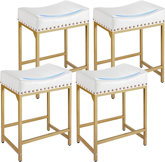 Photo 1 of Bar Stools Set of 4, Counter Height Bar Stools with Soft Cushion Bar Stools and Barstools Steel Frame, Modern Saddle Stool for Bar, 24" Stools for Kitchen Counter Support 300 LBS(White+Gold) Gold+white2.0 4 PCS Bar Stools
