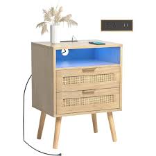 Photo 1 of Rattan Nightstands  with Charging Station and Led Lights, Boho Nightstand with 2 Drawers, Bedside Tables Night Stands for Bedrooms  Side End Tables Living Room 