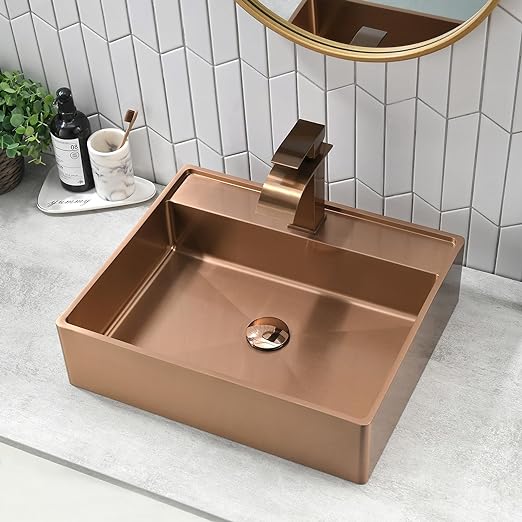 Photo 1 of Vessel Sink with Faucet and Pop Up Drain Combo, 19 x 16 Inch Stainless Steel Bathroom Vessel Sink, Rectangle Above Counter Bathroom Sink Luxury Gold Wash Sink