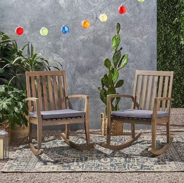 Photo 1 of Montrose Grey Acacia Wood Outdoor Patio Rocking Chair with Dark Gray Cushions (2-Pack)
