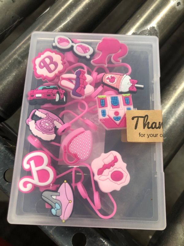 Photo 1 of 12Pcs Silicone Straw Tips Cover, 10 mm Reusable Cute Pink Drinking Straw Covers Cap, Dust Proof Plugs Decorations Cap Protector, Portable Cute Straw Tips Covers for Pink Party Favors (12 Patterns) 12Pcs pink straws