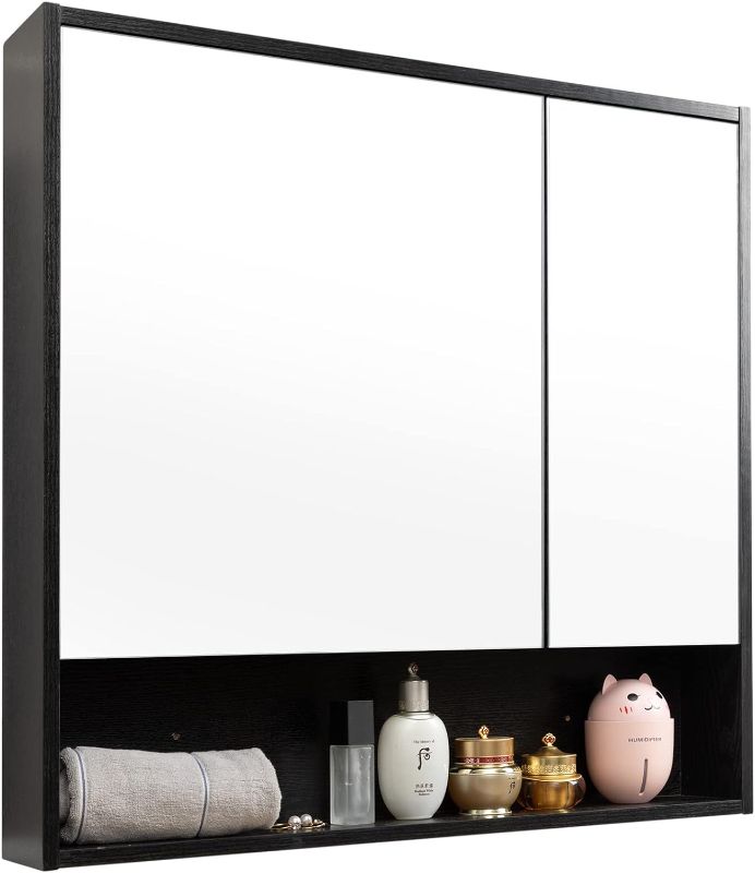 Photo 1 of ALIMORDEN Medicine Cabinet with Mirror and Shelves, Oversized Bathroom Wall Storage Organizer Over The Vanity, Toilet (No Back Board), Recessed or Surface Mount, 30.4" L x 29.5" H, Black