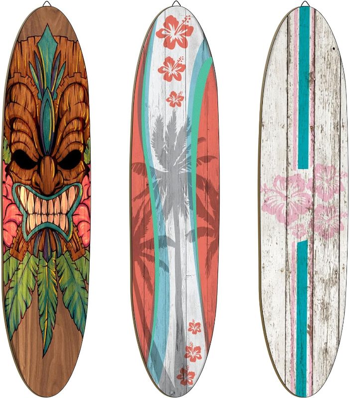 Photo 1 of 3 Pieces Surfboard Wall Decor Wood Surf Boards for Decorating Beach Hangings Signs Tropical Wall Decor Hawaiian Decor Summer Wood Sign Tiki Bar Decor for Bedroom Living Room Dinning Room (Palm Tree)
