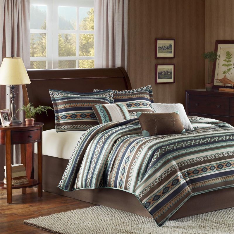 Photo 1 of Madison Park Cozy Comforter Set - Rustic Southwestern Style, All Season Down Alternative Casual Bedding, Matching Shams, Decorative Pillows, Malone, Ikat Blue King(104"x92") 7 Piece King (104 in x 92 in) Malone, Ikat Blue