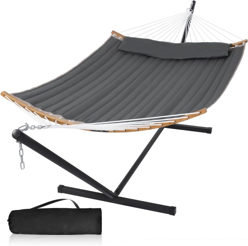 Photo 1 of GAFETE 2 Person Hammock with Stand for Outside, 12ft Heavy Duty Steel Stand, Double Quilted Hammock, Hardwood Spreader Bar, Extra Large Pillow, Side Pocket, Outdoor Indoor, Max 475 lbs Capacity (Gray)