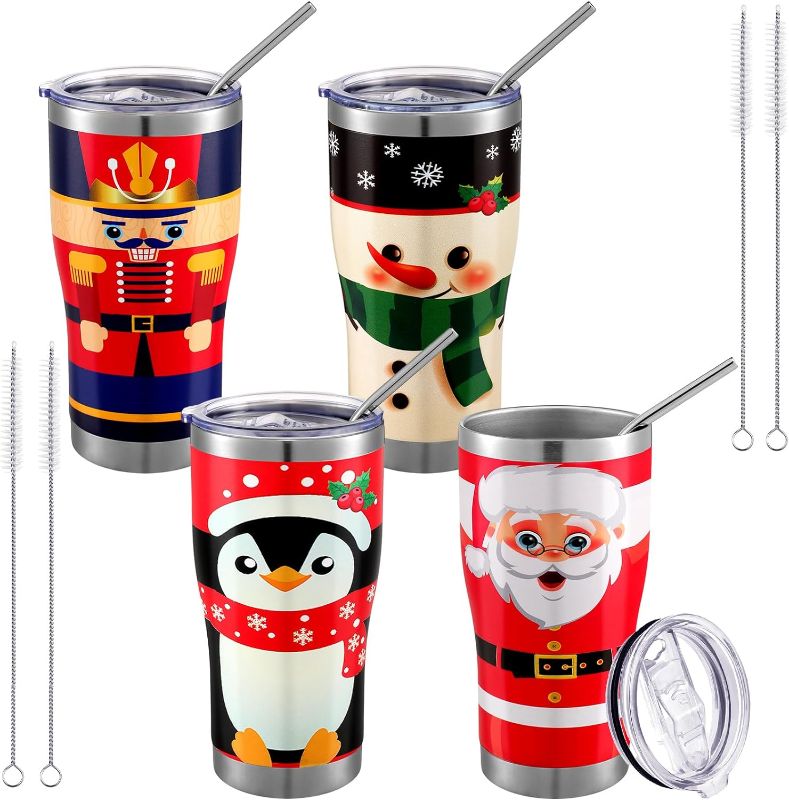 Photo 1 of Nitial 4 Pcs Christmas Tumblers 20oz Christmas Travel Coffee Mug with Lid and Straws Xmas Stainless Steel Tumblers Santa Snowman Drinking Mug Holiday Swig Cups Gifts for Christmas New Year Women Men Festival Style