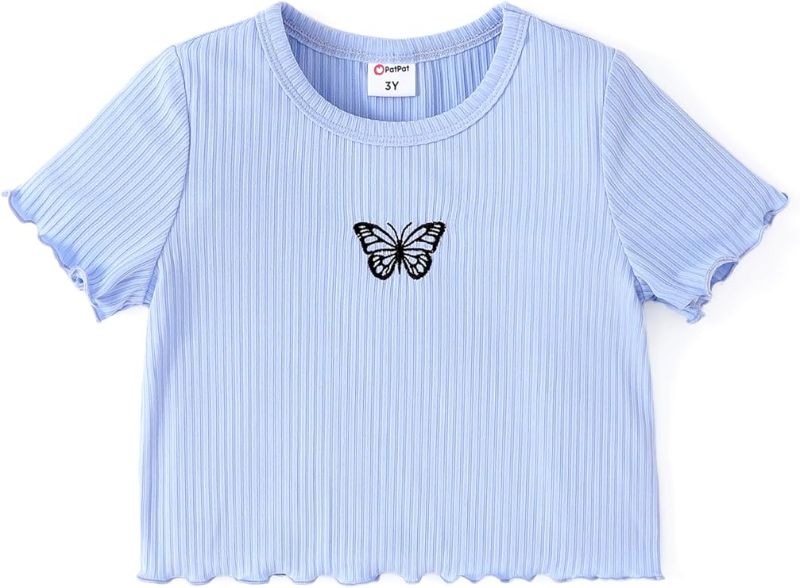 Photo 1 of PATPAT Girls Short Sleeve Rib-Knit Crop Top Graphic Tee Butterfly Round Neck T-Shirts 4-5Y