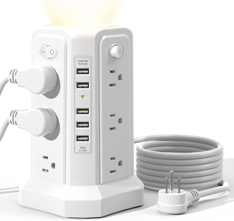 Photo 1 of Surge Protector Power Strip Tower with 5 USB Ports and Night Light, 10FT Extension Cord with 12 AC Multiple Outlets, PASSUS Power Tower, Overload Protection for Home Office Dorm Room (White)
