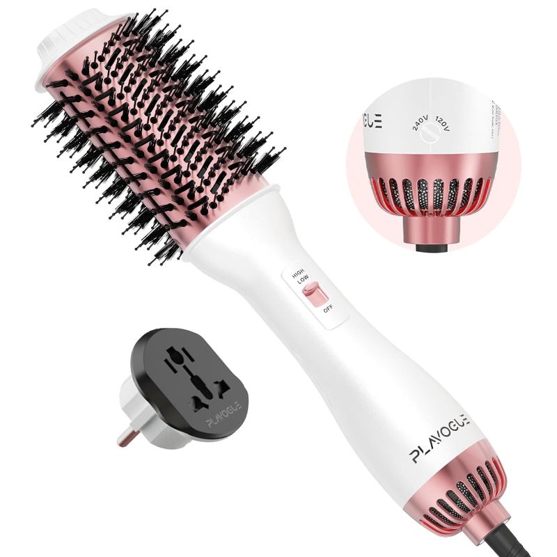 Photo 1 of  Dual Voltage Hair Dryer Brush, Plavogue 100 Millions Negative Ionic Blow Dryer Brush Volumizer, One-Step Hot Air Brush in One for European/USA, Styling Brush with Ceramic Coating (White pink)