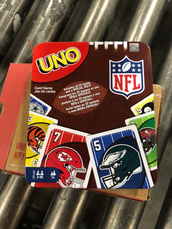 Photo 2 of Mattel Games UNO NFL Card Game in Storage & Travel Tin for Kids, Adults & Family Night, Features Logos of All 32 NFL Teams & Special Rule Collectible Tin